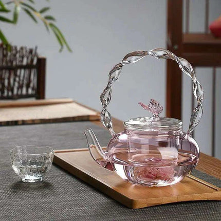 Elegant 700ML Pink Butterfly Glass Teapot for Electric Stoves..