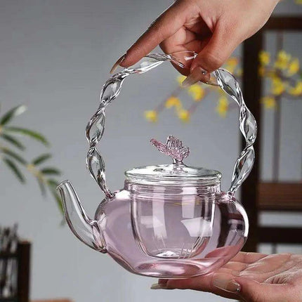 Elegant 700ML Pink Butterfly Glass Teapot for Electric Stoves..