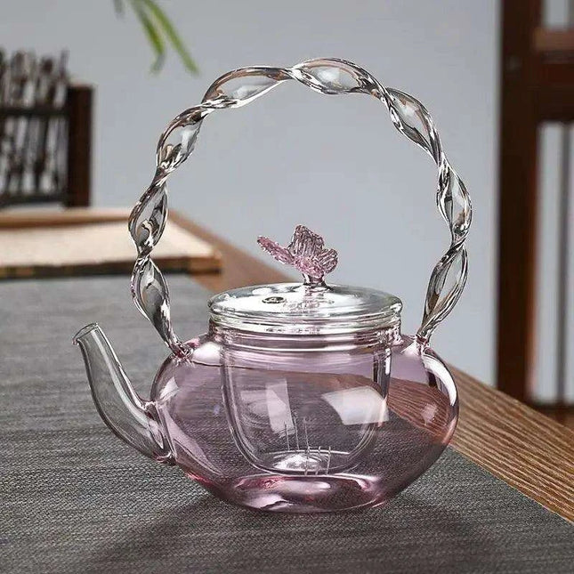Elegant 700ML Pink Butterfly Glass Teapot for Electric Stoves