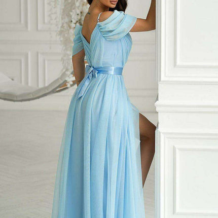 Elegant A-Line Evening Gown with Romantic Tulle Sleeves and Satin Belt - Très Elite