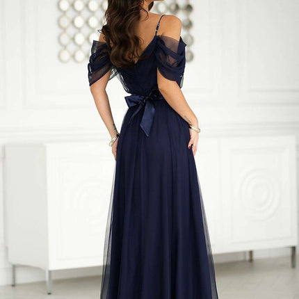 Elegant A-Line Evening Gown with Romantic Tulle Sleeves and Satin Belt - Très Elite
