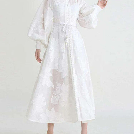 Elegant A-line Lantern Sleeve Dress with French Embroidery and Adjustable Lace-Up - SHENGPALAEF Summer 2024 Collection - Très Elite