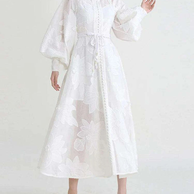 Elegant A-line Lantern Sleeve Dress with French Embroidery and Adjustable Lace-Up - SHENGPALAEF Summer 2024 Collection
