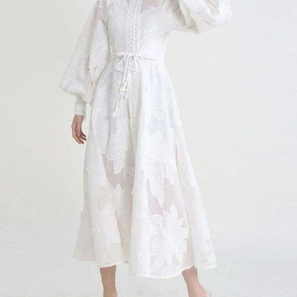 Elegant A-line Lantern Sleeve Dress with French Embroidery and Adjustable Lace-Up - SHENGPALAEF Summer 2024 Collection - Très Elite