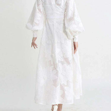 Elegant A-line Lantern Sleeve Dress with French Embroidery and Adjustable Lace-Up - SHENGPALAEF Summer 2024 Collection - Très Elite