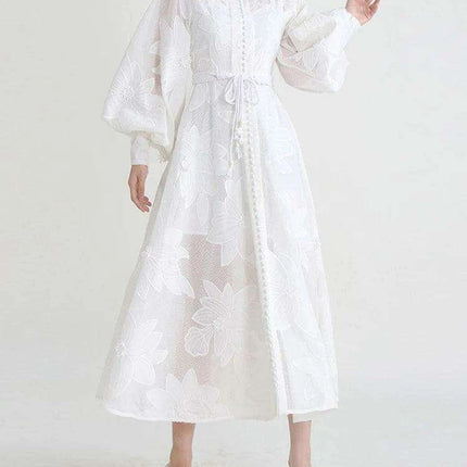 Elegant A-line Lantern Sleeve Dress with French Embroidery and Adjustable Lace-Up - SHENGPALAEF Summer 2024 Collection - Très Elite