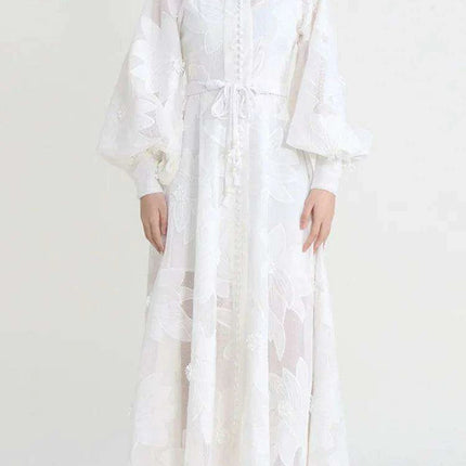 Elegant A-line Lantern Sleeve Dress with French Embroidery and Adjustable Lace-Up - SHENGPALAEF Summer 2024 Collection - Très Elite
