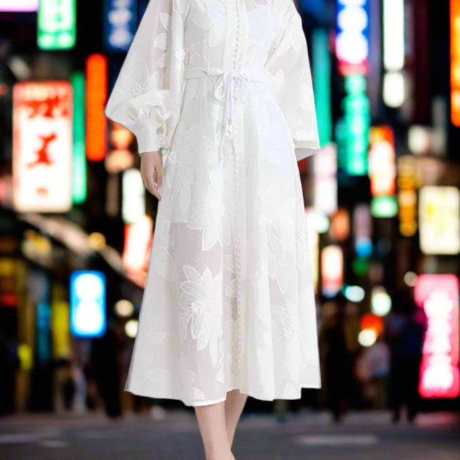 Elegant A-line Lantern Sleeve Dress with French Embroidery and Adjustable Lace-Up - SHENGPALAEF Summer 2024 Collection