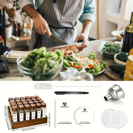 Elegant Acacia Wood Spice Jar Collection with Glass Containers - Includes Shaker Lids, Waterproof Labels, Funnel & Brush - Perfect for Home and Restaurant Use (12/24 Pieces)- Très Elite- Très Elite