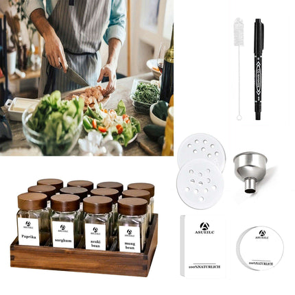 Elegant Acacia Wood Spice Jar Collection with Glass Containers - Includes Shaker Lids, Waterproof Labels, Funnel & Brush - Perfect for Home and Restaurant Use (12/24 Pieces)- Très Elite- Très Elite