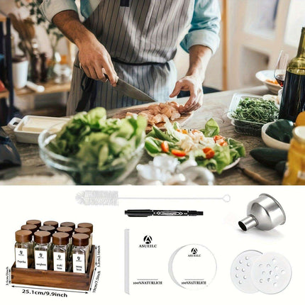 Elegant Acacia Wood Spice Jar Collection with Glass Containers - Includes Shaker Lids, Waterproof Labels, Funnel & Brush - Perfect for Home and Restaurant Use (12/24 Pieces)- Très Elite- Très Elite