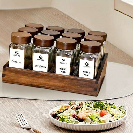 Elegant Acacia Wood Spice Jar Collection with Glass Containers - Includes Shaker Lids, Waterproof Labels, Funnel & Brush - Perfect for Home and Restaurant Use (12/24 Pieces)- Très Elite- Très Elite