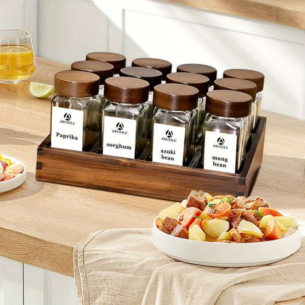 Elegant Acacia Wood Spice Jar Collection with Glass Containers - Includes Shaker Lids, Waterproof Labels, Funnel & Brush - Perfect for Home and Restaurant Use (12/24 Pieces)- Très Elite- Très Elite