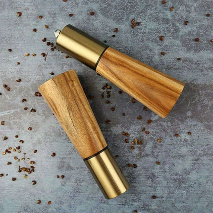Elegant Acacia Wood and Stainless Steel Spice Grinder Duo - Tailored Grinding for Culinary Excellence - Très Elite