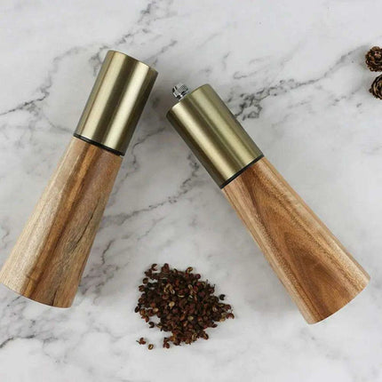 Elegant Acacia Wood and Stainless Steel Spice Grinder Duo - Tailored Grinding for Culinary Excellence - Très Elite