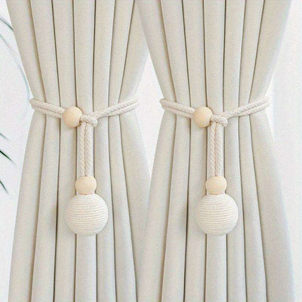 Elegant Adjustable Cotton Curtain Tiebacks with Wooden Accents - 2-Piece Set for Modern Living Spaces, Bedrooms & Offices - Très Elite