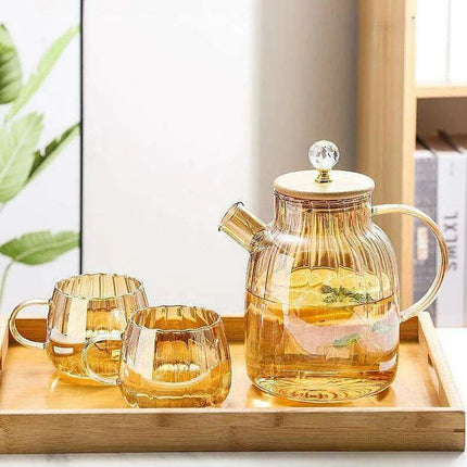 Elegant Amber Striped Glass Teapot - Perfect for Tea, Juices, and Social Gatherings - Très Elite