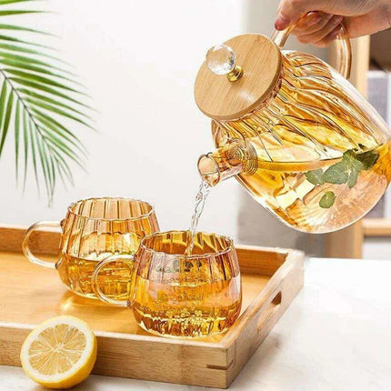 Elegant Amber Striped Glass Teapot - Perfect for Tea, Juices, and Social Gatherings - Très Elite
