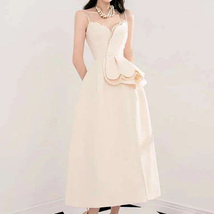 Elegant Apricot Velvet A-Line Slip Dress with Wave Hem Detail - Très Elite