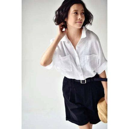 Elegant Asymmetric Linen Lapel Blouse for Women - Très Elite