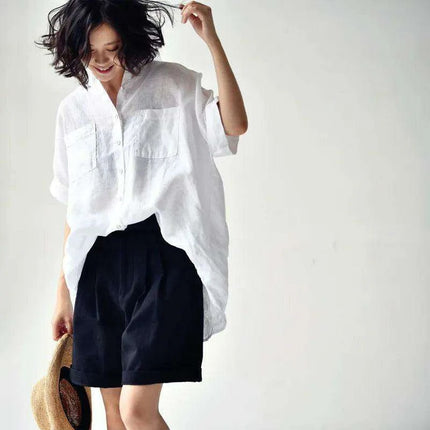 Elegant Asymmetric Linen Lapel Blouse for Women - Très Elite