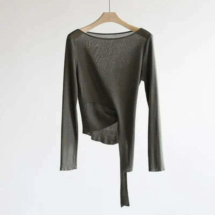 Elegant Asymmetric Long Sleeve Sky Silk Top for Women - Perfect for Spring and Summer - Très Elite