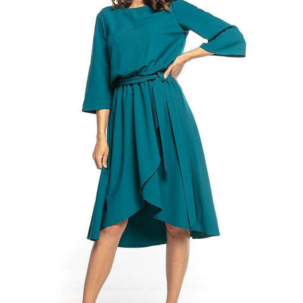 Elegant Asymmetric Midi Dress with Belted Waist and 3/4 Sleeves