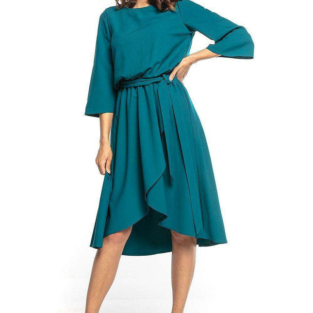 Elegant Asymmetric Midi Dress with Belted Waist and 3/4 Sleeves