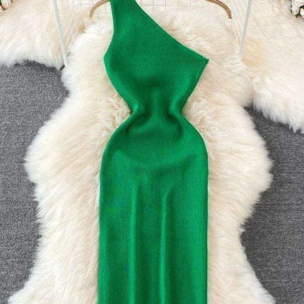 Elegant Asymmetrical Off-Shoulder Knit Dress for a Flattering Silhouette - Très Elite