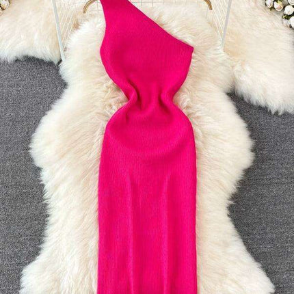 Elegant Asymmetrical Off-Shoulder Knit Dress for a Flattering Silhouette - Très Elite