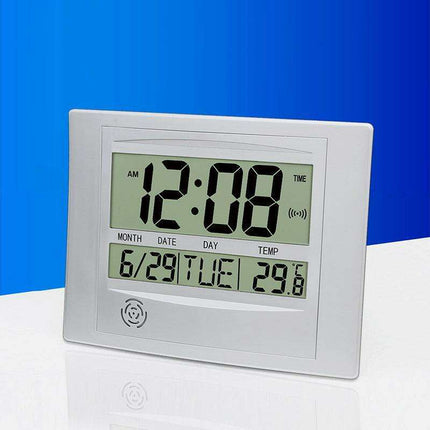 Elegant Atomic Digital Wall Clock with Calendar, Temperature Readout, and Alarm Feature - Très Elite