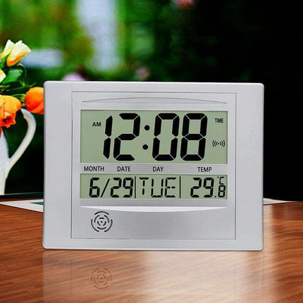 Elegant Atomic Digital Wall Clock with Calendar, Temperature Readout, and Alarm Feature - Très Elite