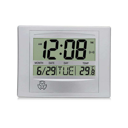 Elegant Atomic Digital Wall Clock with Calendar, Temperature Readout, and Alarm Feature - Très Elite