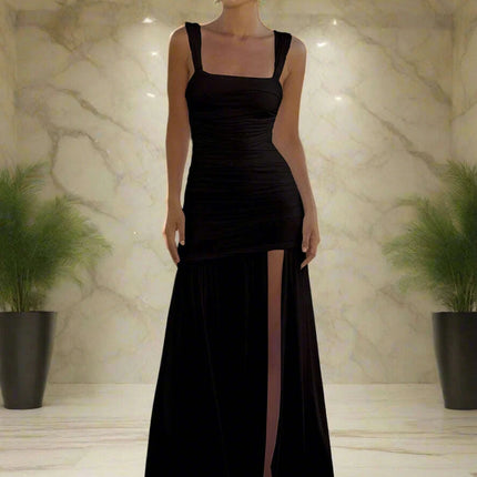 Elegant Backless Bodycon Maxi Dress with Sensational Thigh-High Split and Double Straps for Women - Très Elite