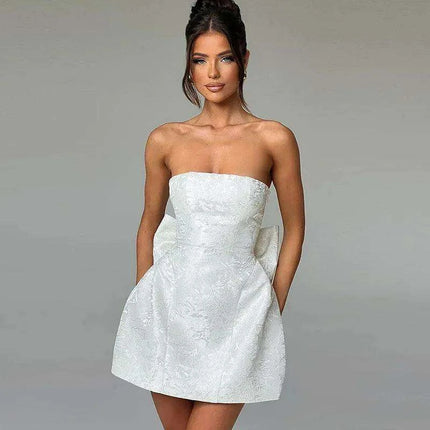 Elegant Backless Bow Mini Dress - Off-Shoulder Bodycon Chic for Parties - Très Elite