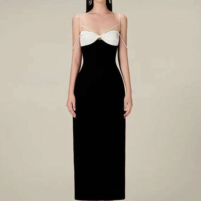 Elegant Backless Color Block Slip Dress with Zipper & Side Slit for Women