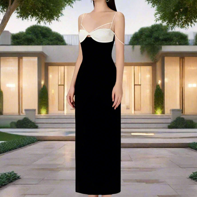 Elegant Backless Color Block Slip Dress with Zipper & Side Slit for Women