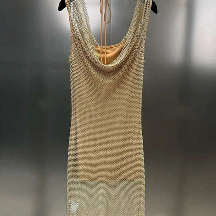 Elegant Backless Diamond Patchwork Dress with Stylish Collar - A Fashion Essential for Women - Très Elite