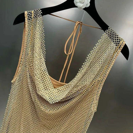 Elegant Backless Diamond Patchwork Dress with Stylish Collar - A Fashion Essential for Women - Très Elite
