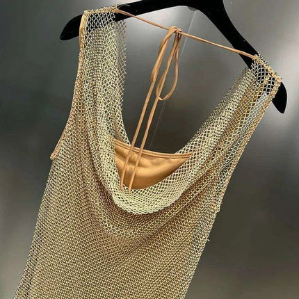 Elegant Backless Diamond Patchwork Dress with Stylish Collar - A Fashion Essential for Women - Très Elite
