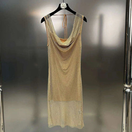 Elegant Backless Diamond Patchwork Dress with Stylish Collar - A Fashion Essential for Women - Très Elite