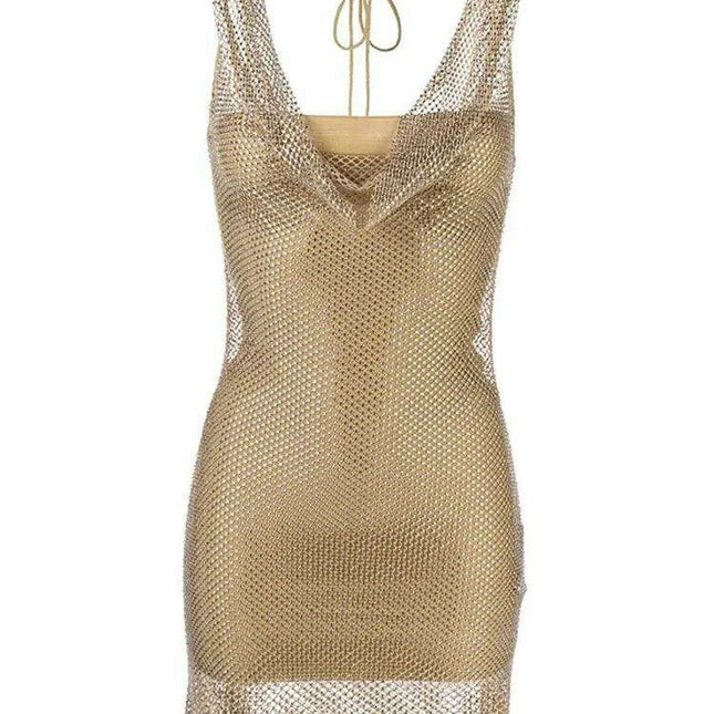 Elegant Backless Diamond Patchwork Dress with Stylish Collar - A Fashion Essential for Women