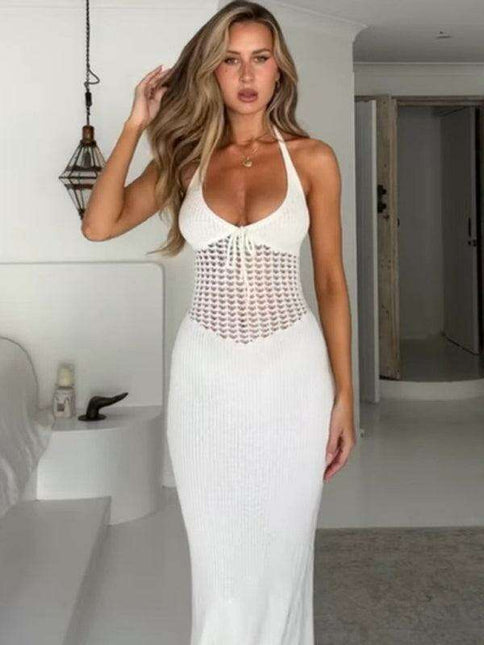 Elegant Backless Knit Halter Dress with Sheer Detailing