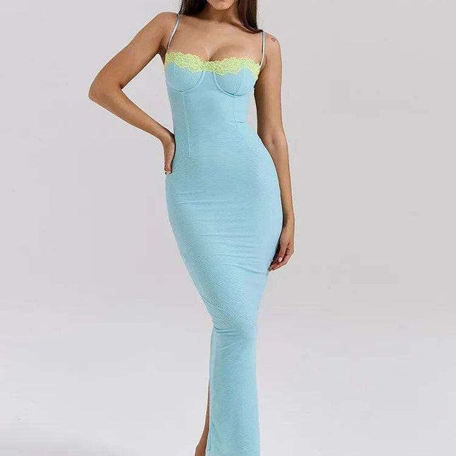 Elegant Backless Patchwork Bodycon Maxi Dress for Women