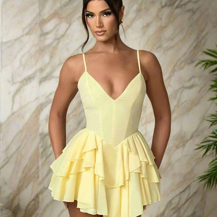Elegant Backless Ruffled V Neck Summer Mini Dress for Women - Ideal for Parties and Gatherings - Très Elite