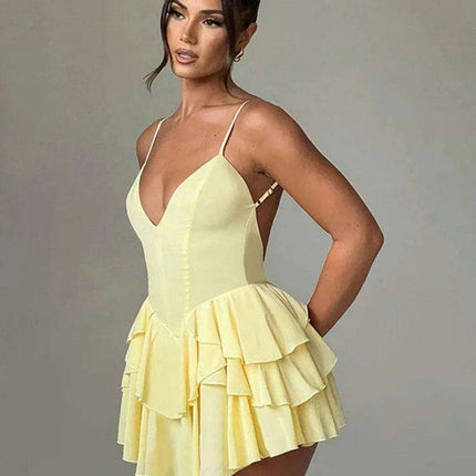 Elegant Backless Ruffled V Neck Summer Mini Dress for Women - Ideal for Parties and Gatherings - Très Elite
