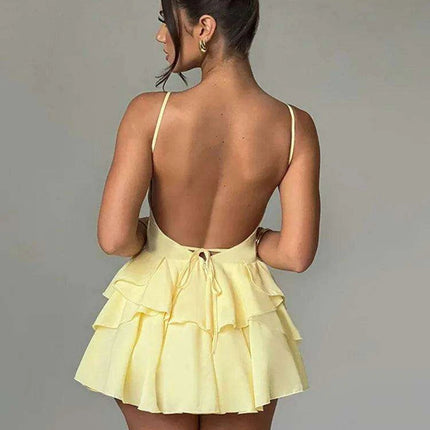 Elegant Backless Ruffled V Neck Summer Mini Dress for Women - Ideal for Parties and Gatherings - Très Elite