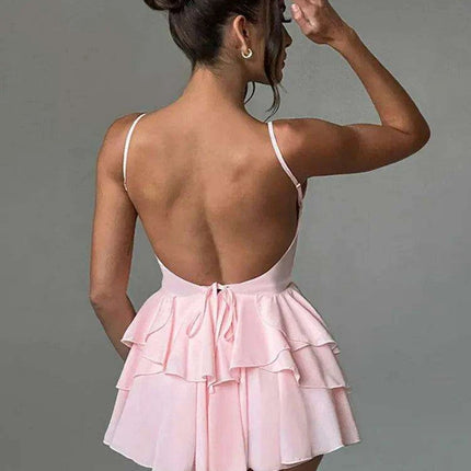 Elegant Backless Ruffled V Neck Summer Mini Dress for Women - Ideal for Parties and Gatherings - Très Elite