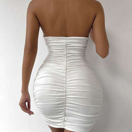Elegant Backless V-Neck Pleated Mini Dress with Halter Neck for Women - Très Elite