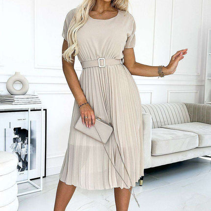 Elegant Beige Chiffon Pleated Cocktail Dress by Numoco - Très Elite